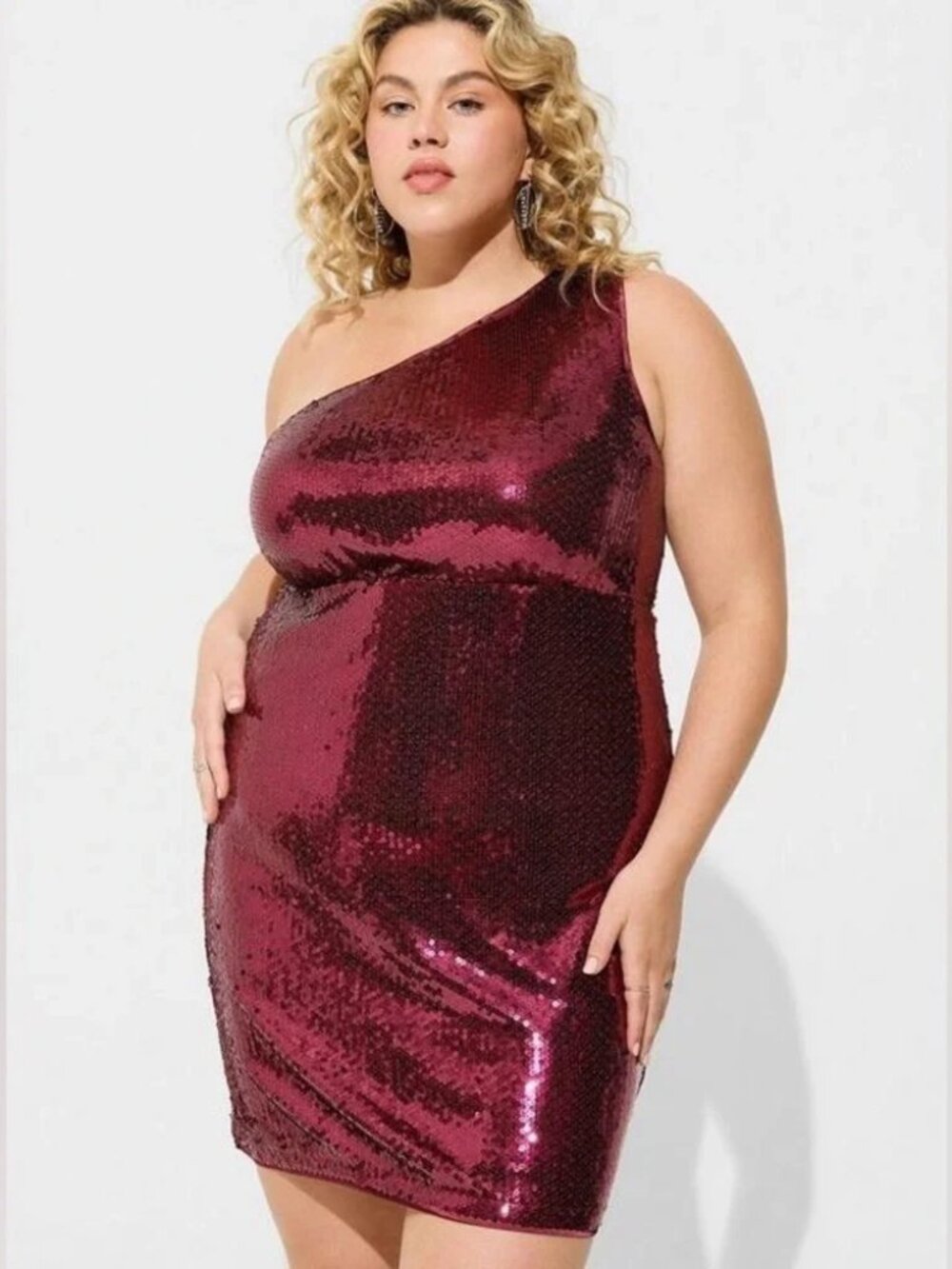 Torrid NWT Red Maroon Mini Stretch Sequin Shirred One Shoulder Dress